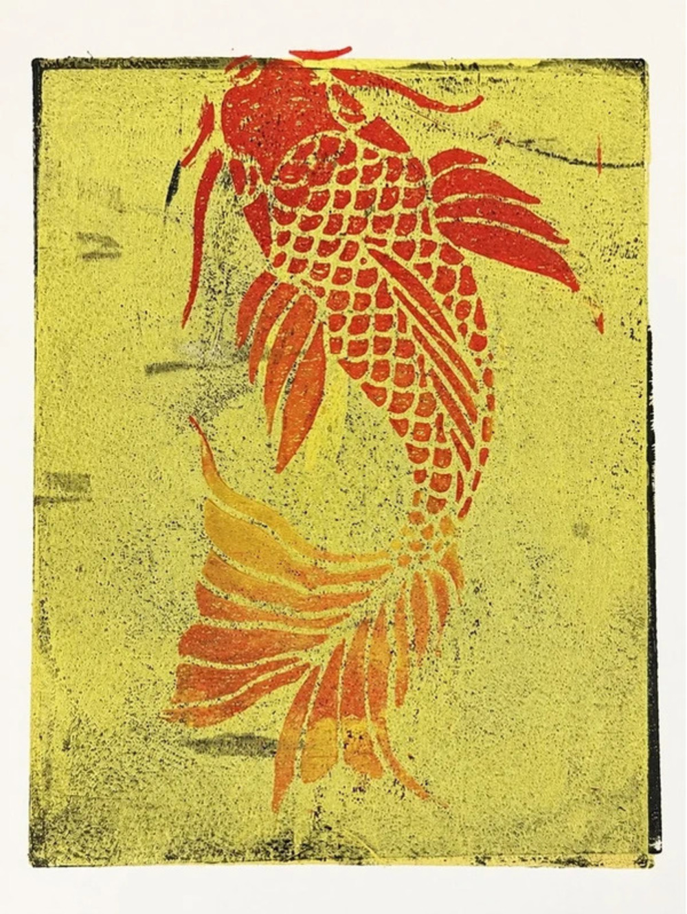 Abstract Red Fish Gel Plate Print 9x12 Original Aquatic Art Gift for Her